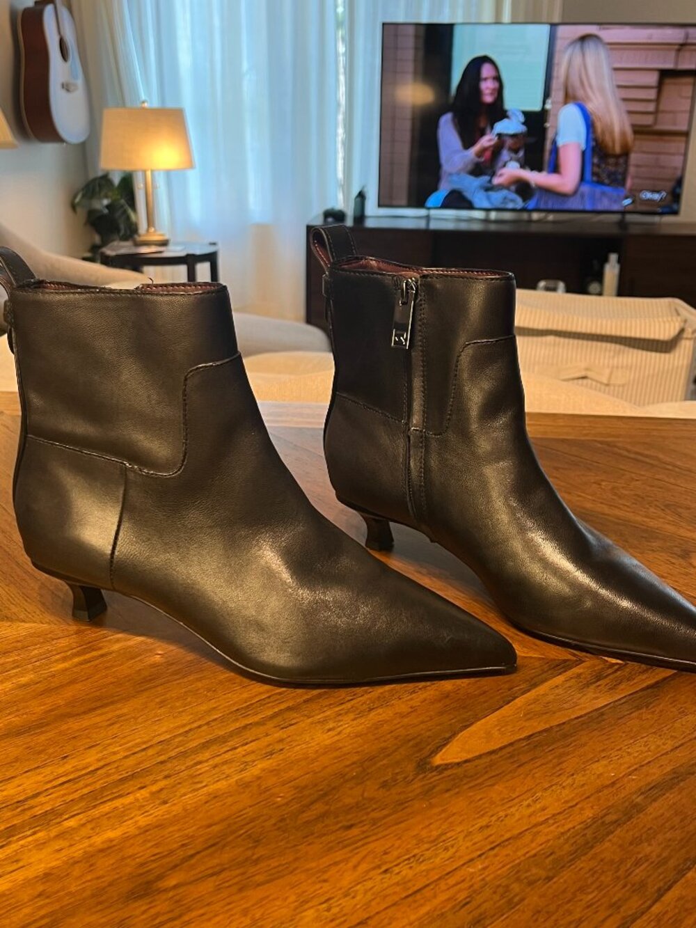 Franco Sarto Black Leather Pointed Toe Kitten Heel Ankle Boots